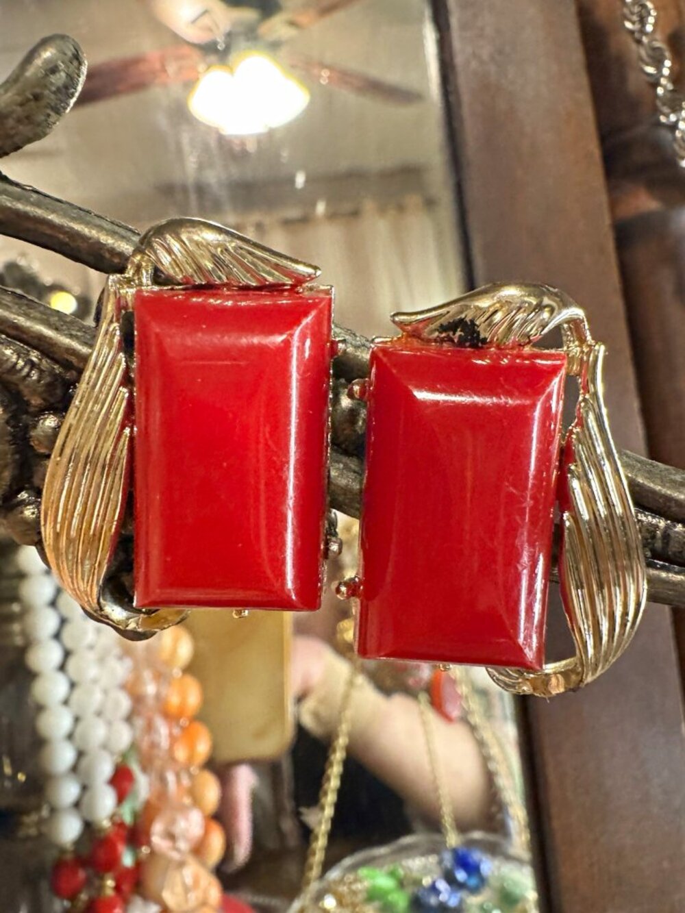 Vintage Coro 1950s Red Thermoset Plastic Gold Leaf Accent Clip On Earrings